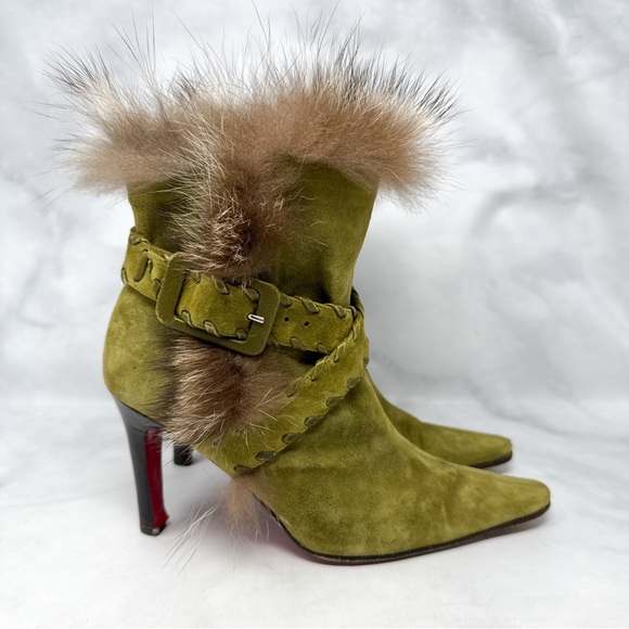Christian Louboutin Vintage Fox Fur Trim Suede Ankle Boot Booties Retro Green 37 - Picture 1 of 16